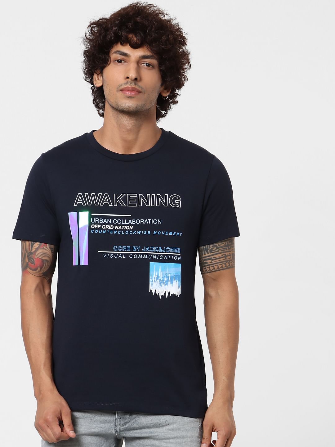 Dark Blue Text Print Crew Neck T-shirt