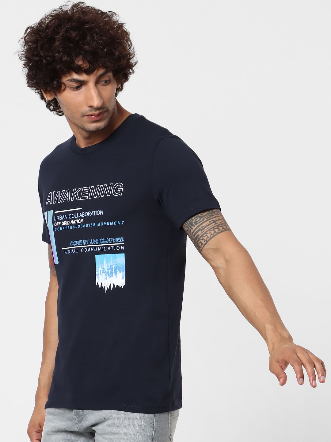 Dark Blue Text Print Crew Neck T-shirt
