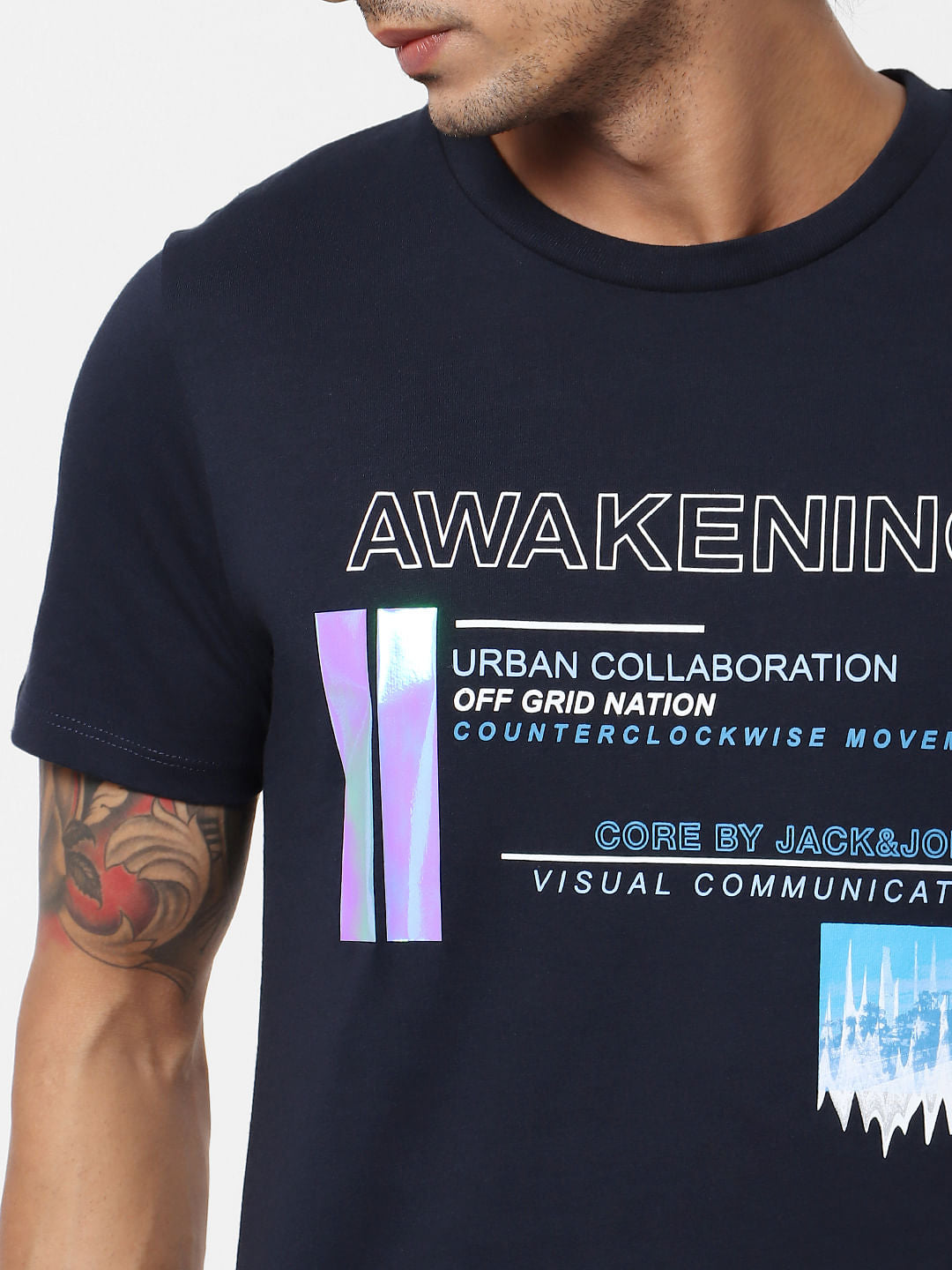 Dark Blue Text Print Crew Neck T-shirt