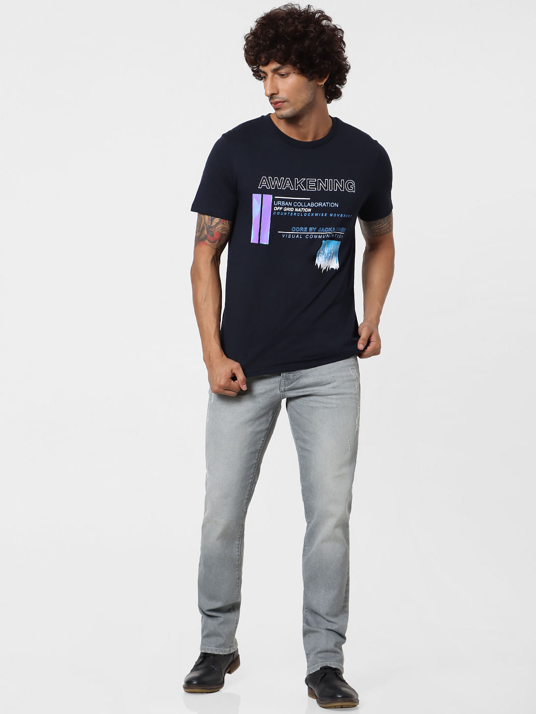 Dark Blue Text Print Crew Neck T-shirt