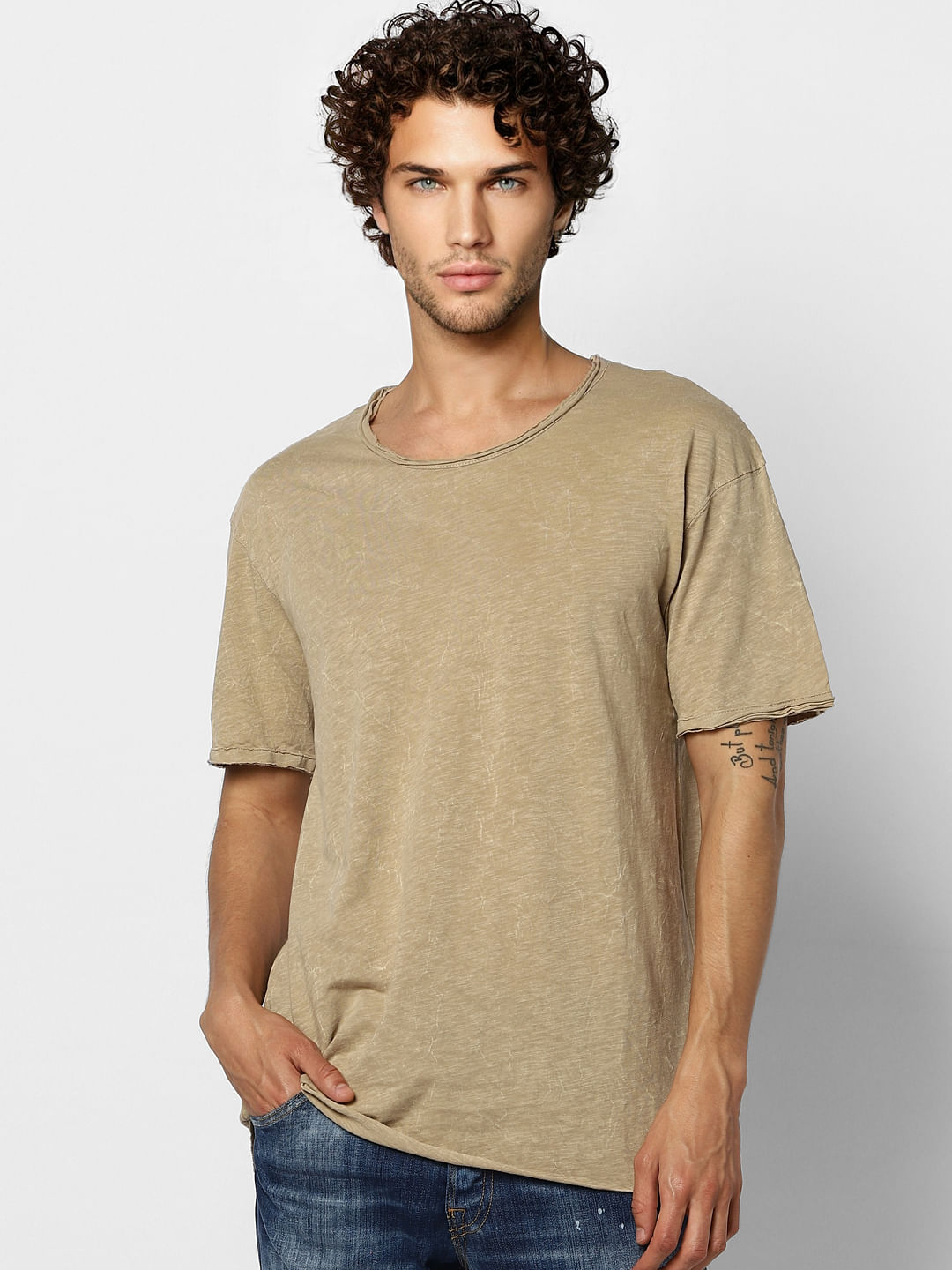 Brown Raw Edge Washed Crew Neck T-shirt
