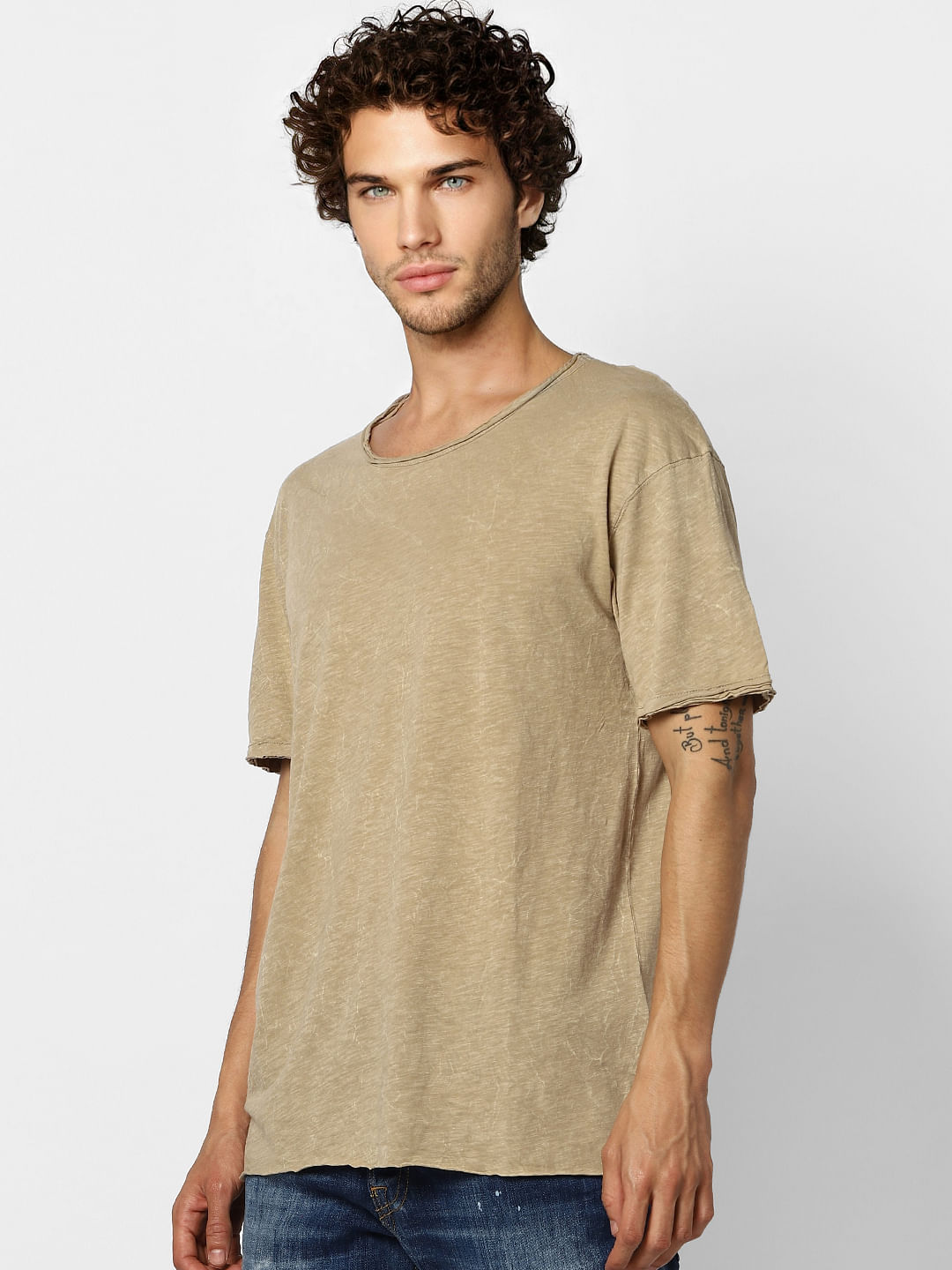 Brown Raw Edge Washed Crew Neck T-shirt