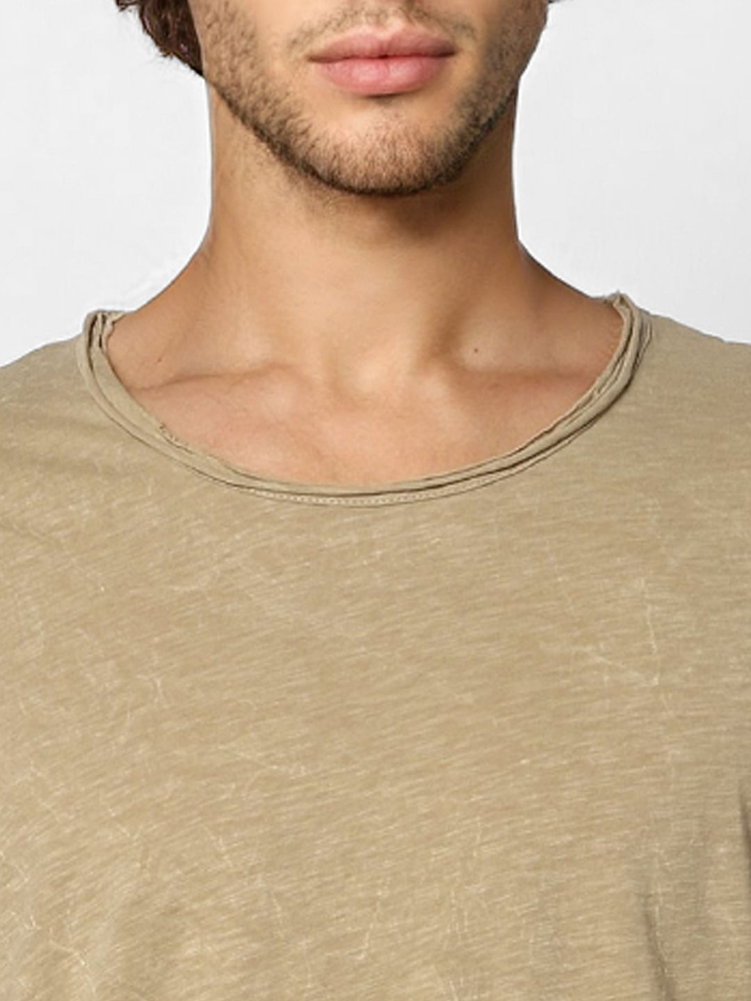 Brown Raw Edge Washed Crew Neck T-shirt