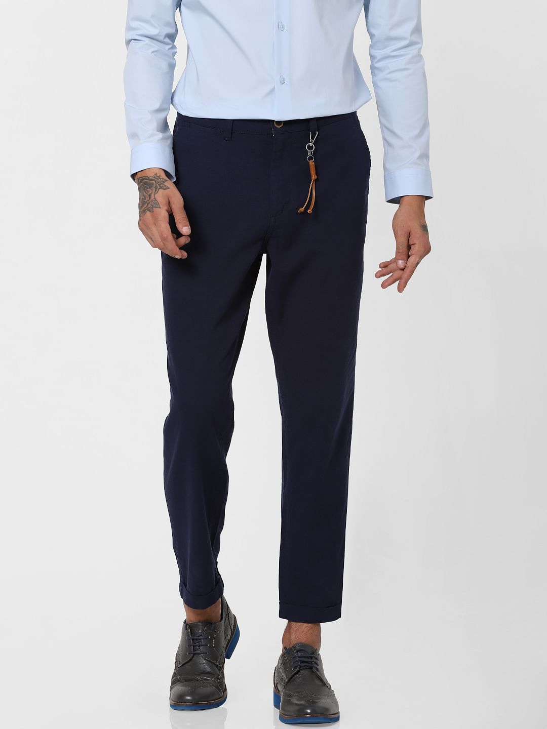 Navy Blue Low Rise Linen Slim Pants