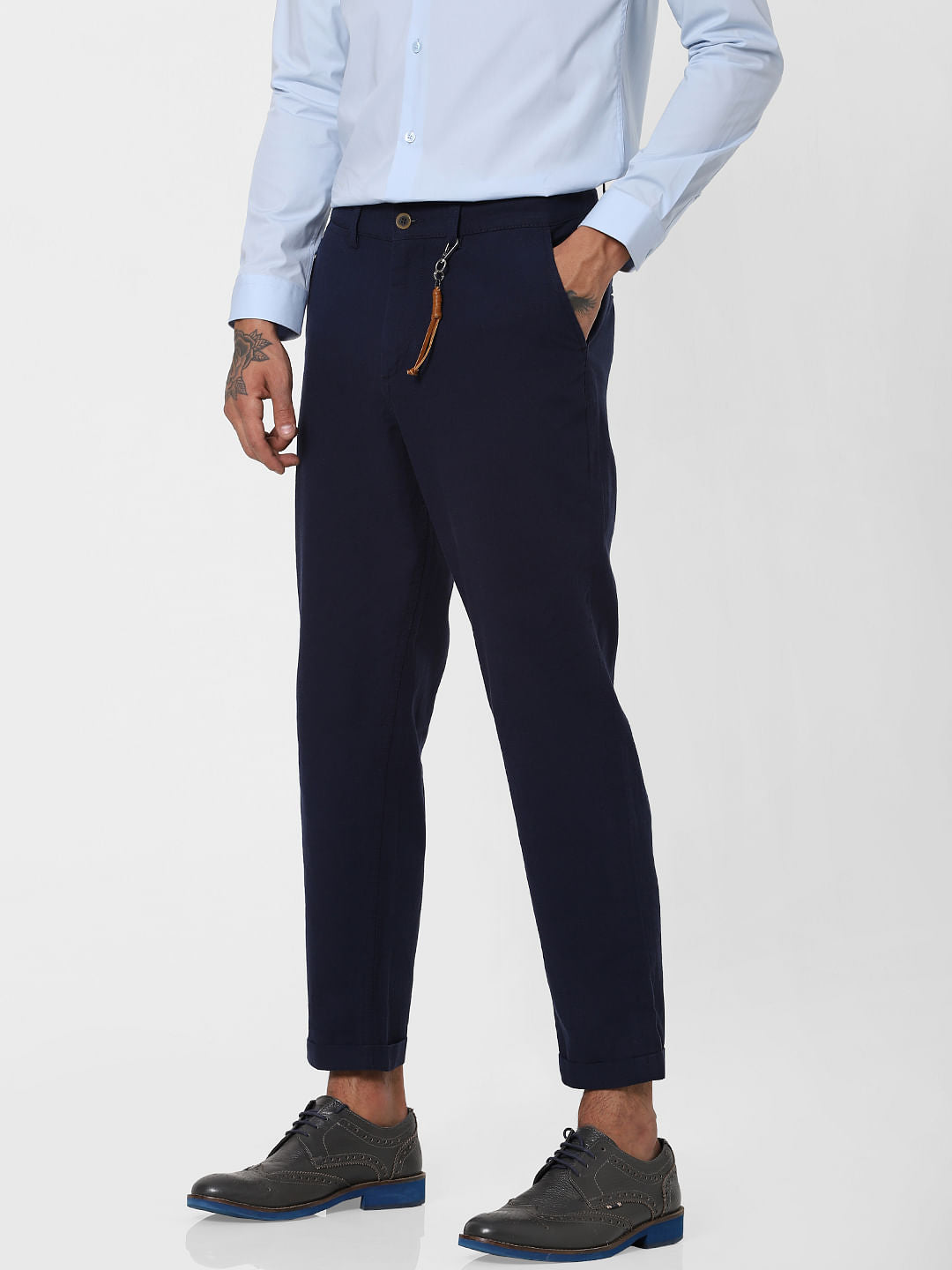 Navy Blue Low Rise Linen Slim Pants