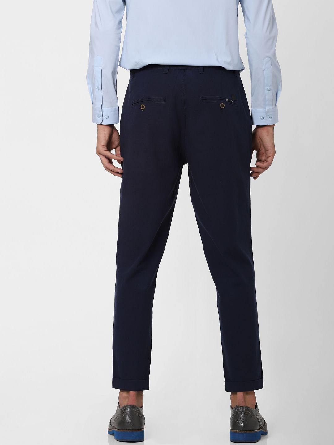Navy Blue Low Rise Linen Slim Pants