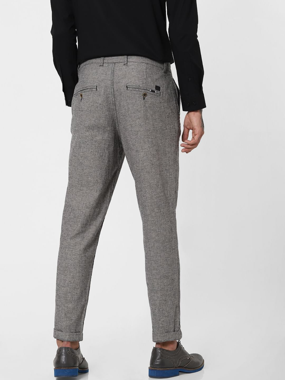 Grey Low Rise Linen Slim Pants