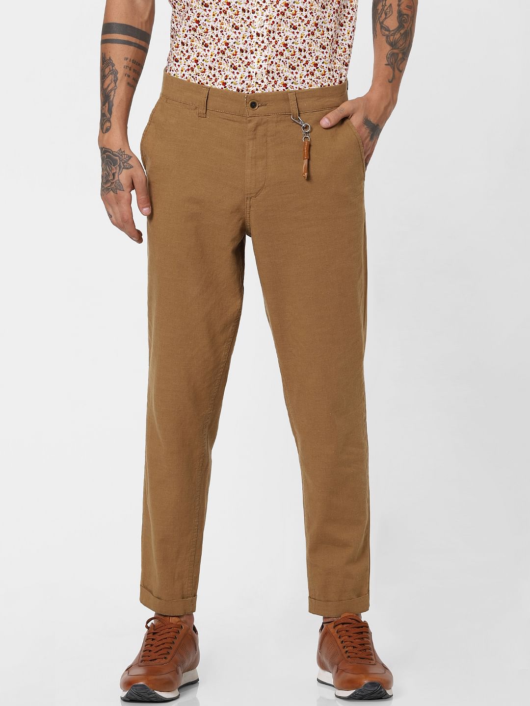 Brown Low Rise Linen Slim Pants