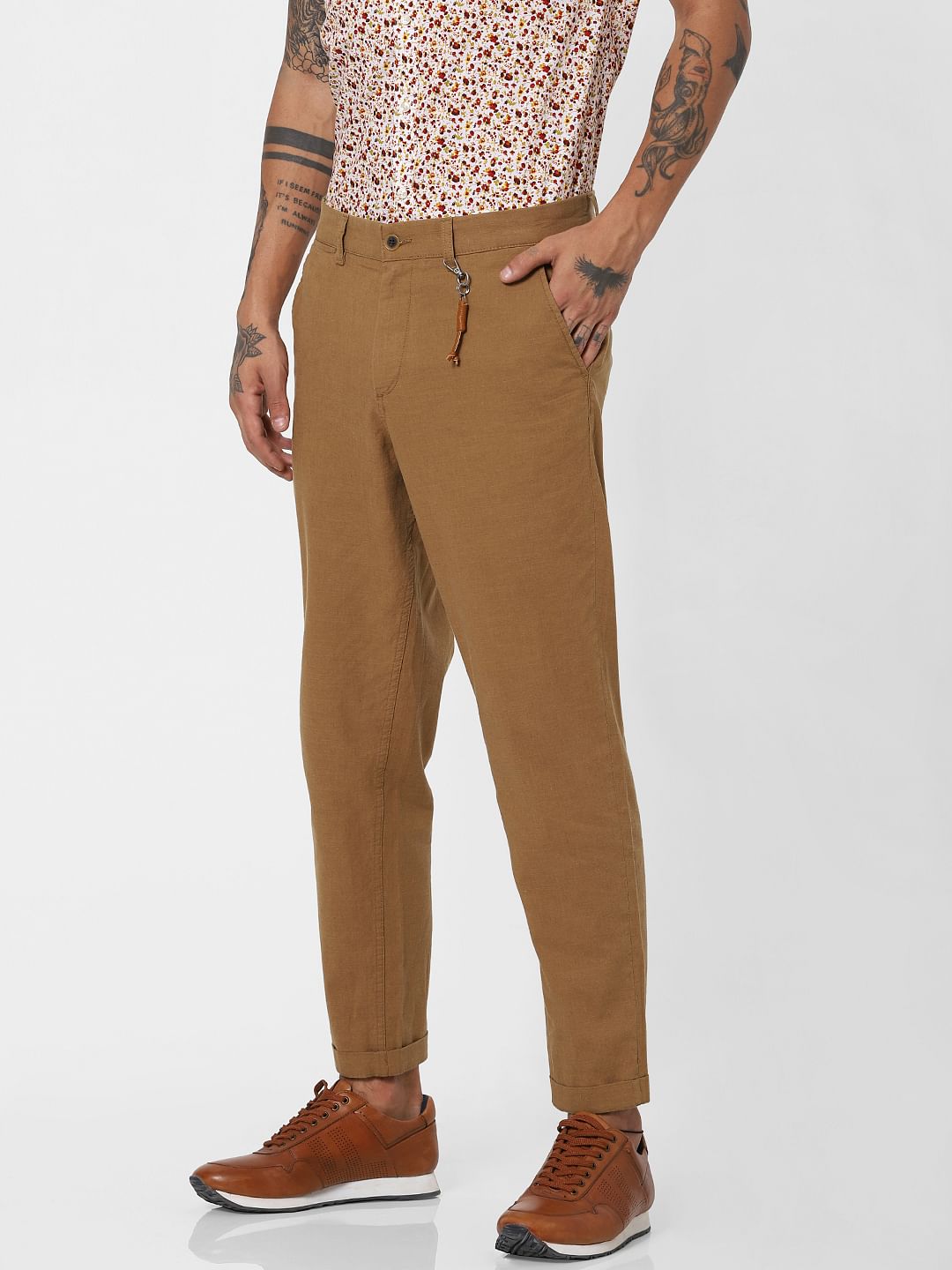 Brown Low Rise Linen Slim Pants