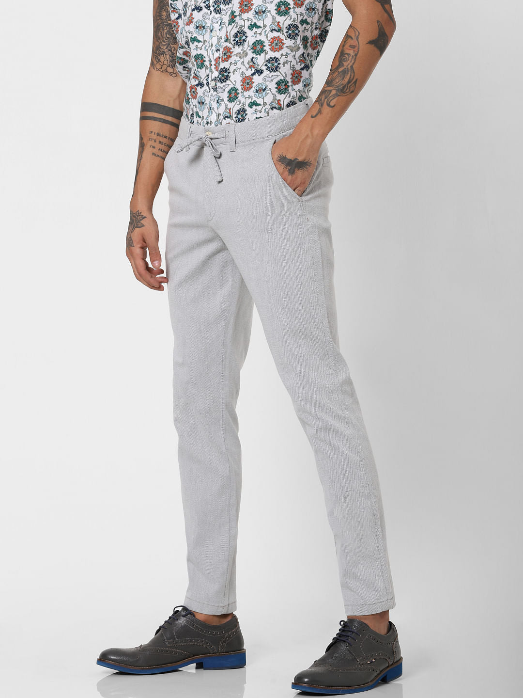 Grey Low Rise Textured Pants
