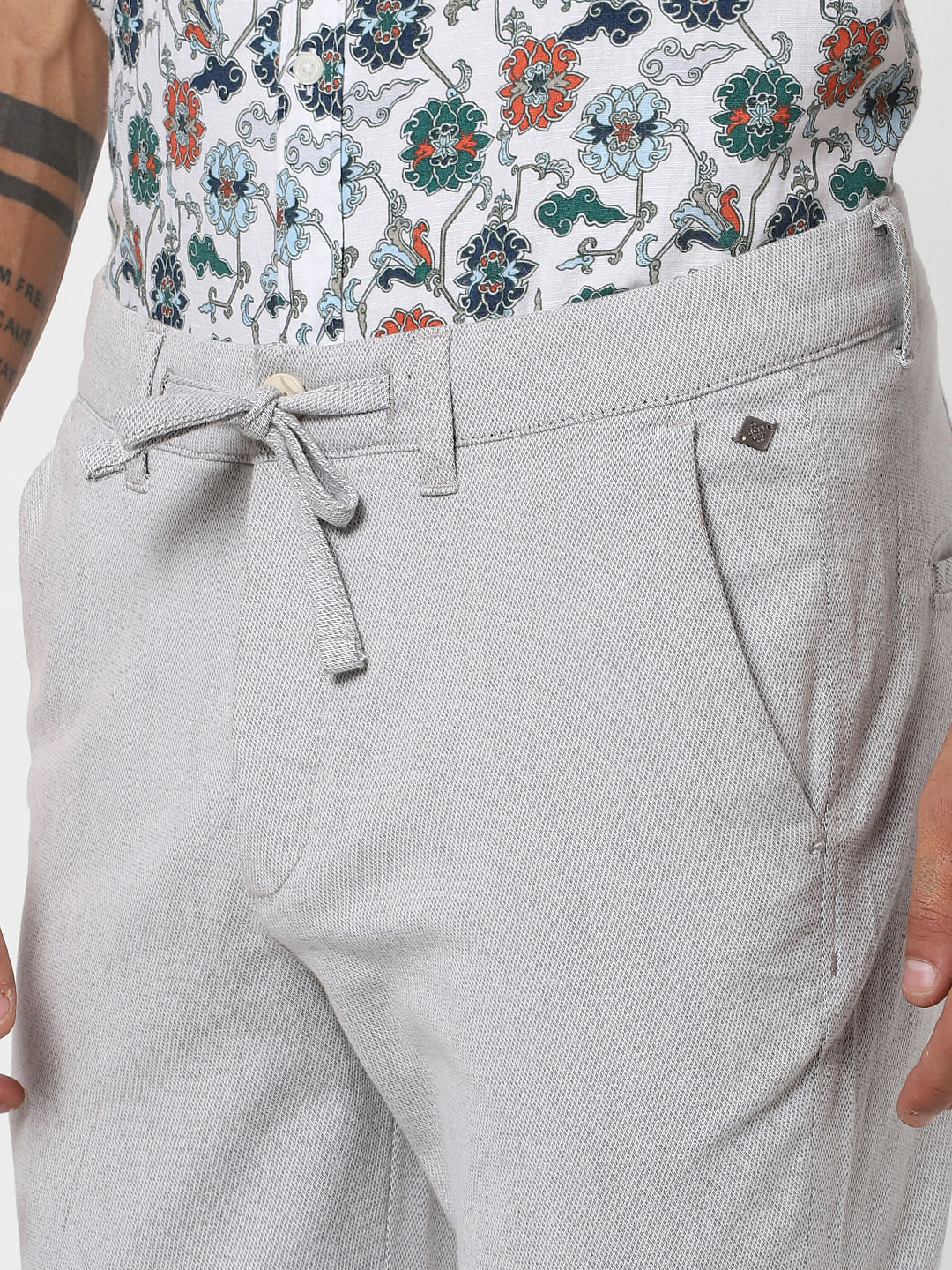 Grey Low Rise Textured Pants