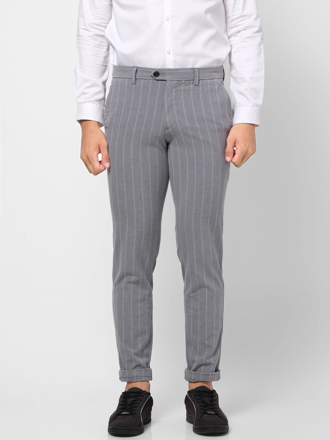 Grey Mid Rise Striped Slim Fit Pants