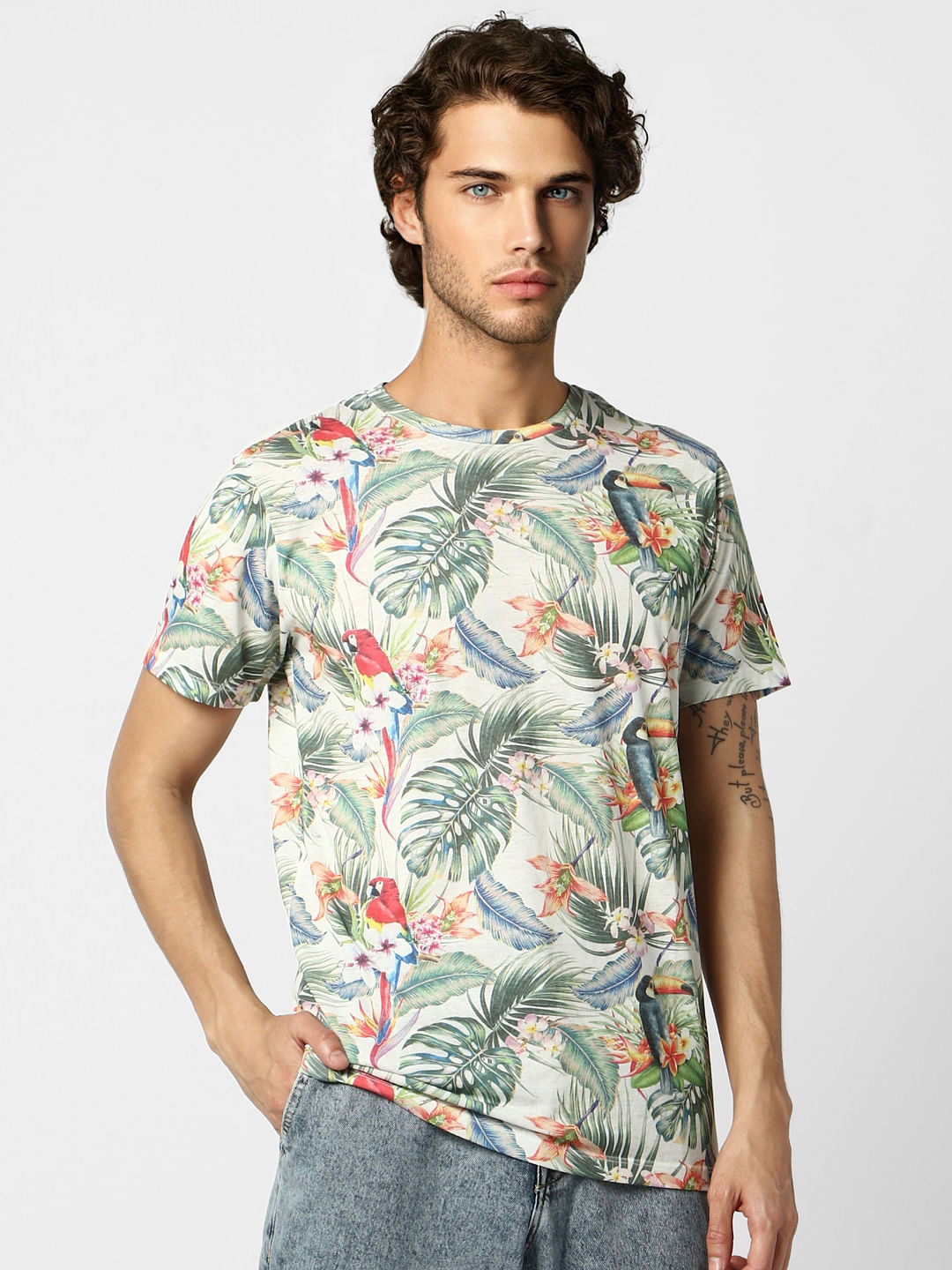 White Tropical Print Crew Neck T-shirt