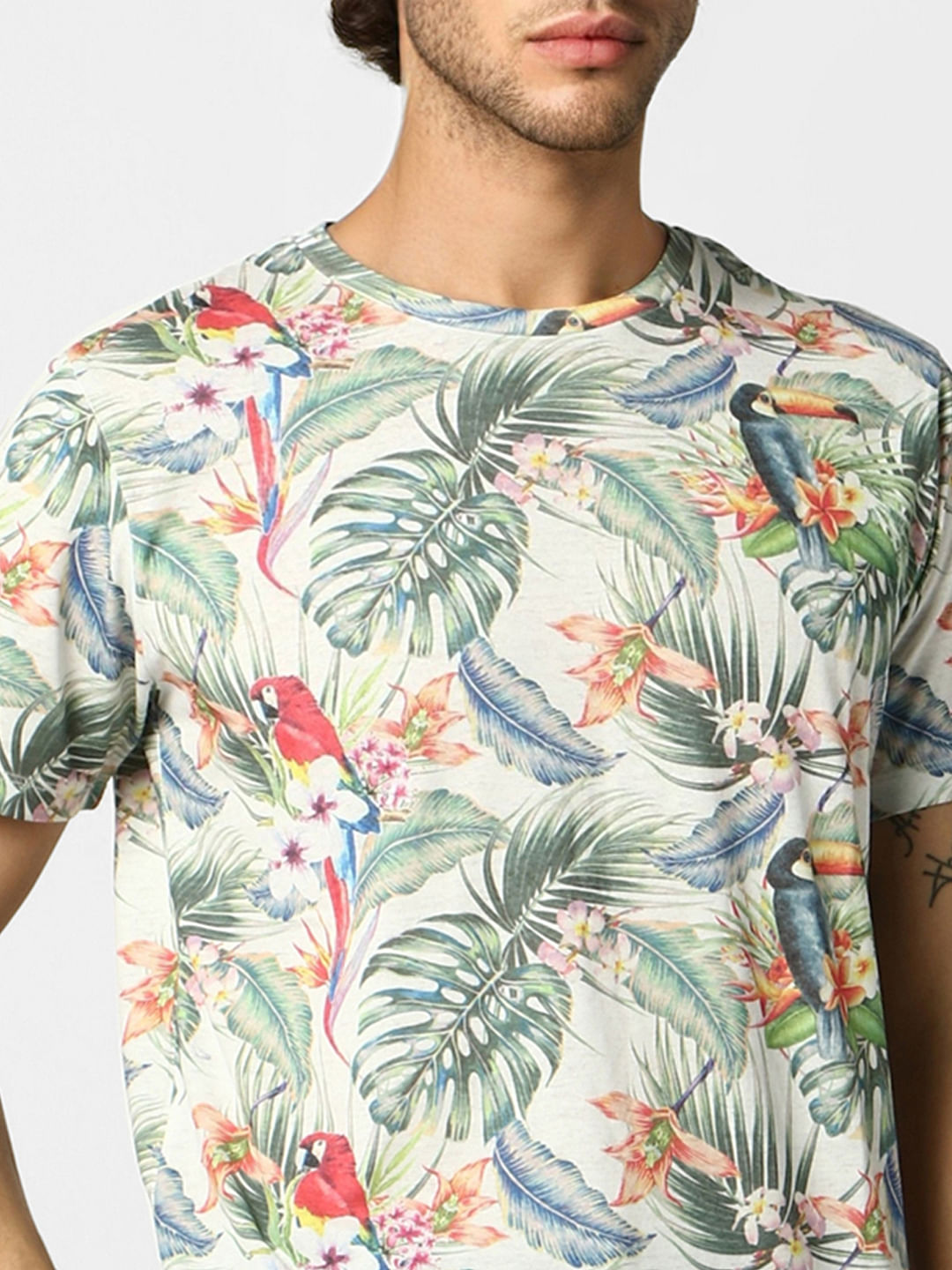 White Tropical Print Crew Neck T-shirt