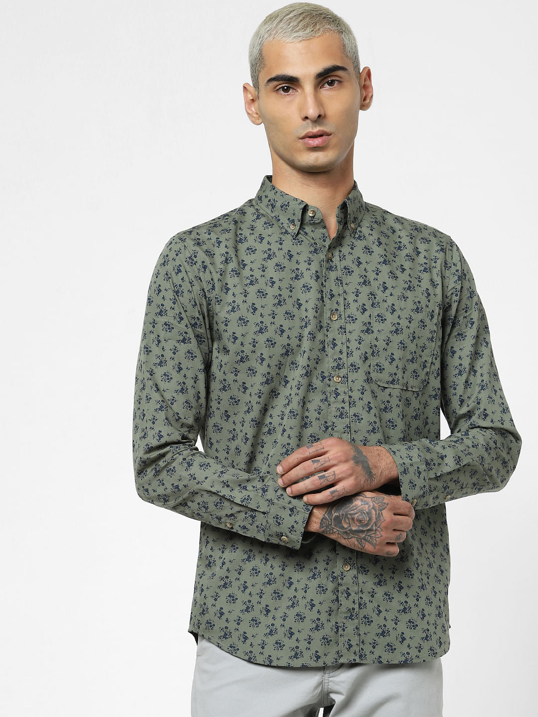 Green Floral Print Full Sleeves Shirt