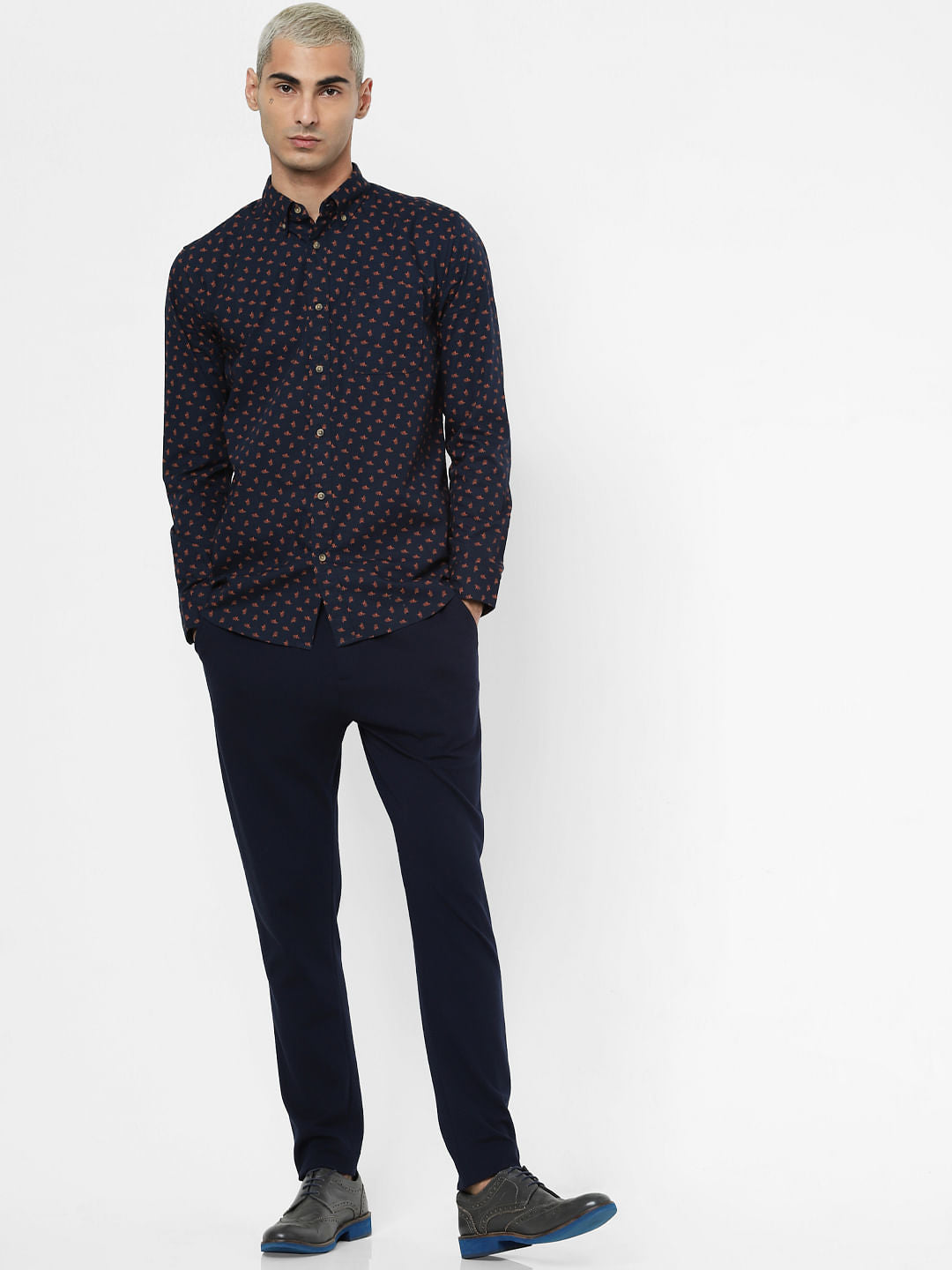 Navy Blue All Over Print Full Sleeves Shirt
