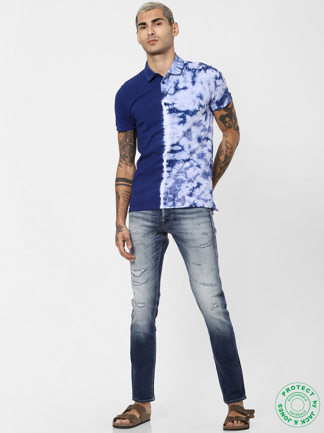 Blue Colourblocked Polo Neck T-shirt