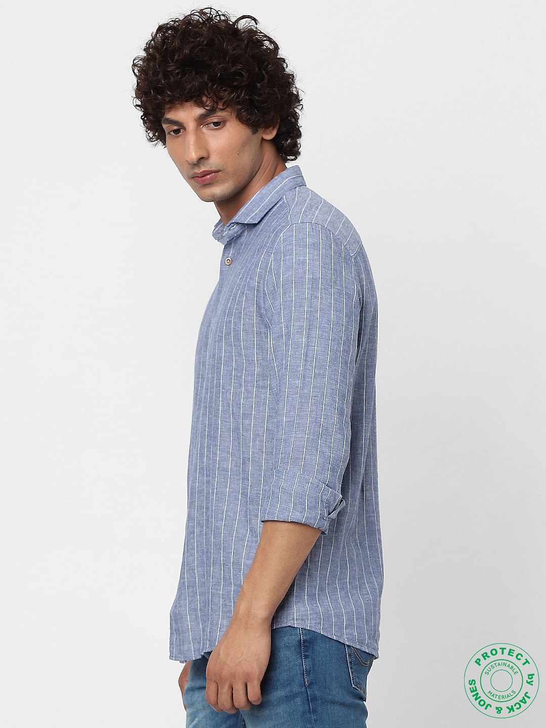 Blue Striped Linen Full Sleeves Shirt