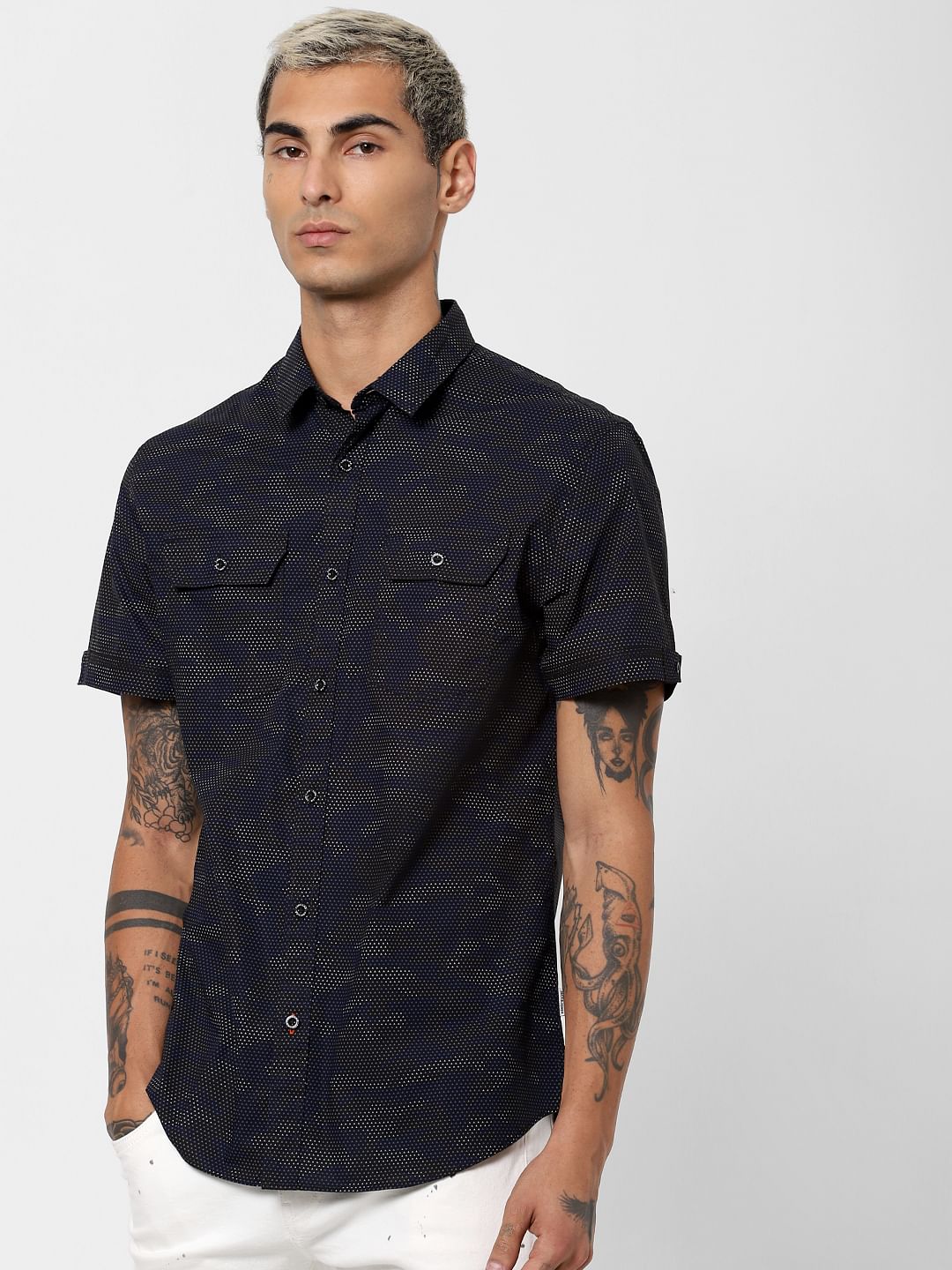 Black Camo Print Short Sleeves Shirt