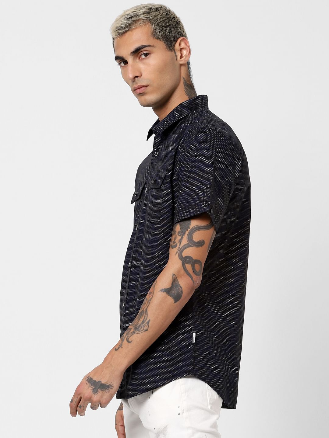 Black Camo Print Short Sleeves Shirt