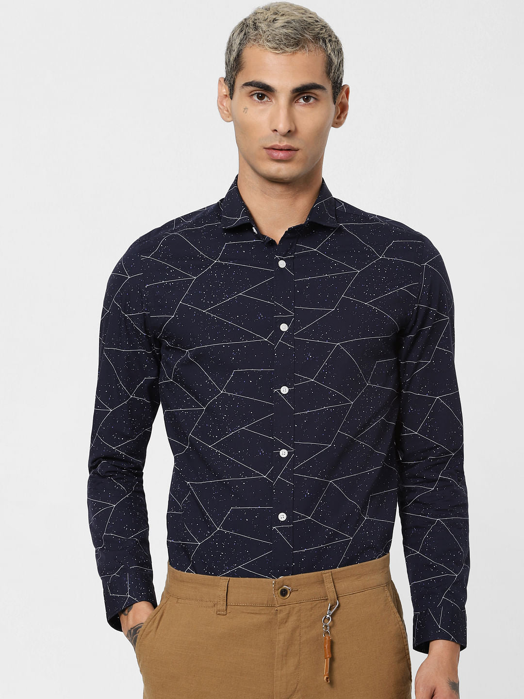 Navy Blue Geometric Print Full Sleeves Shirt