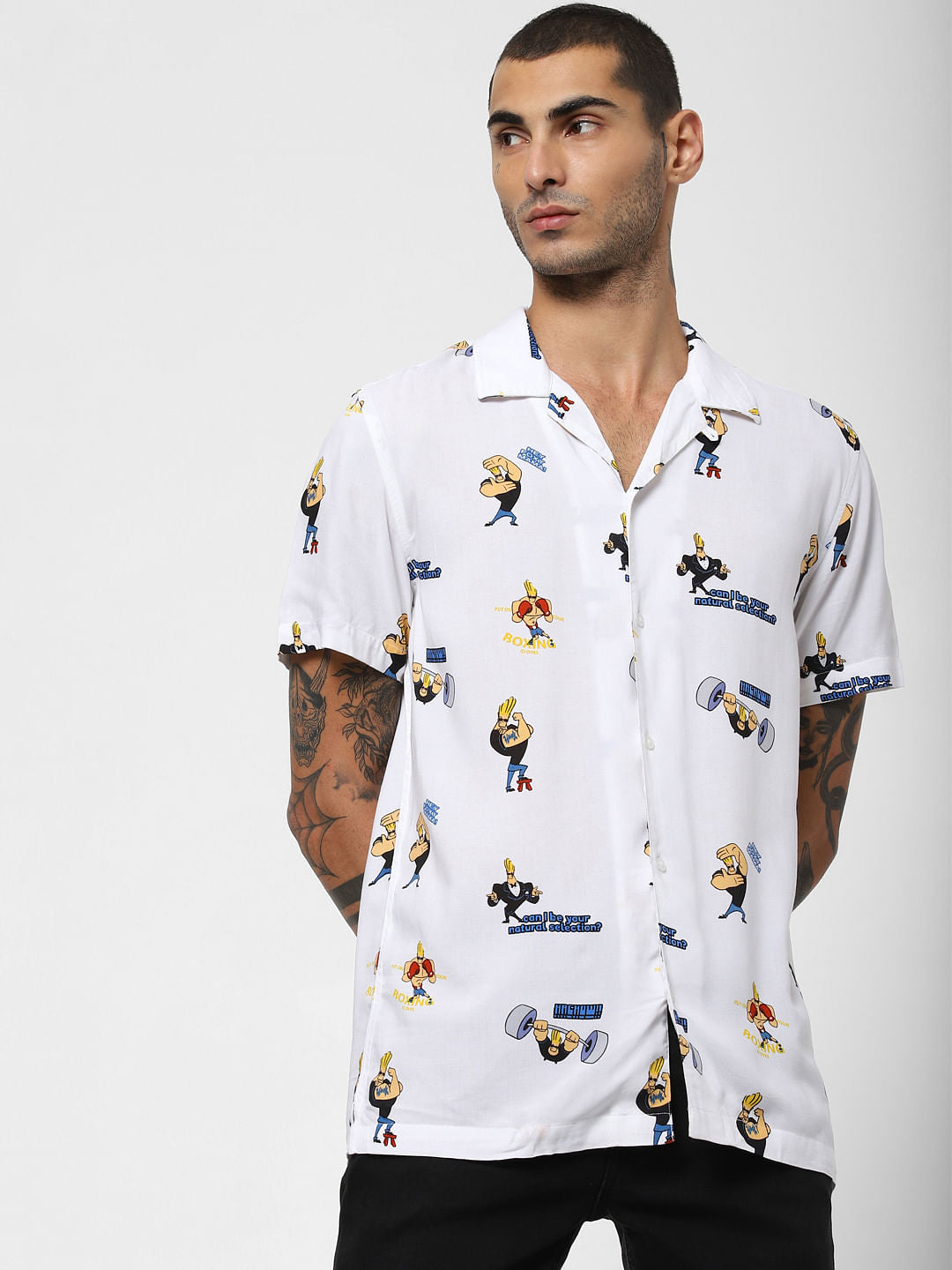 X Johnny Bravo White Printed Short Sleeves Shirt