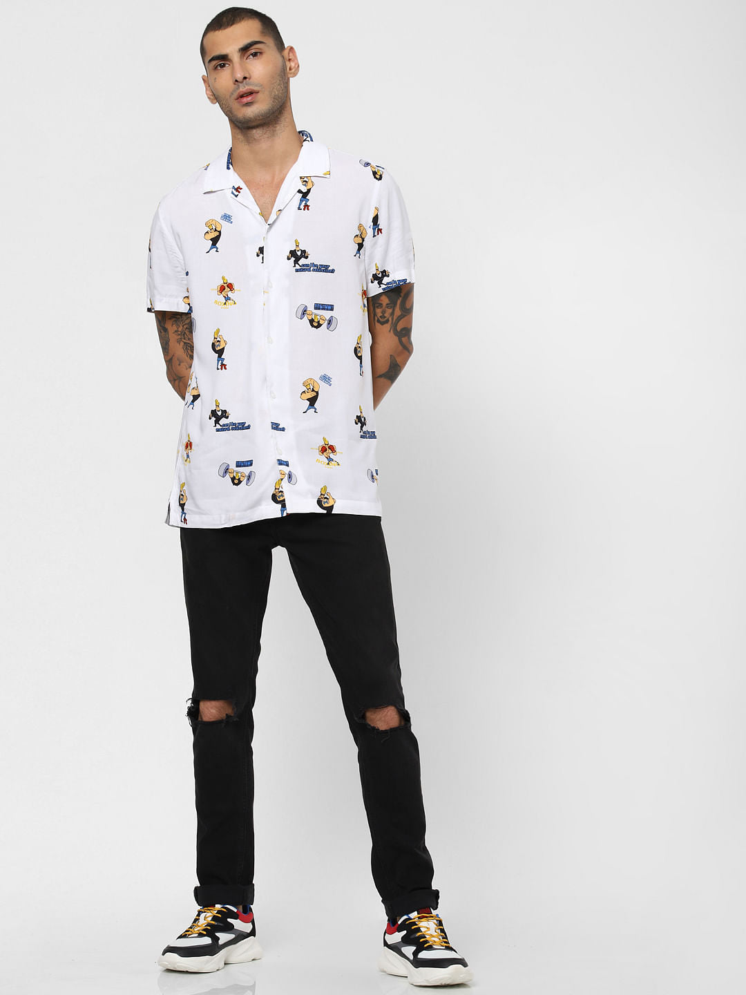 X Johnny Bravo White Printed Short Sleeves Shirt