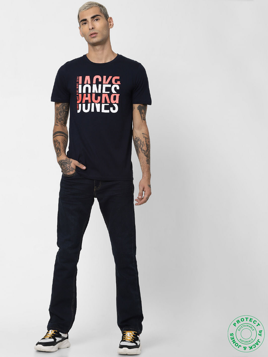 Navy Blue Logo Print Crew Neck T-shirt