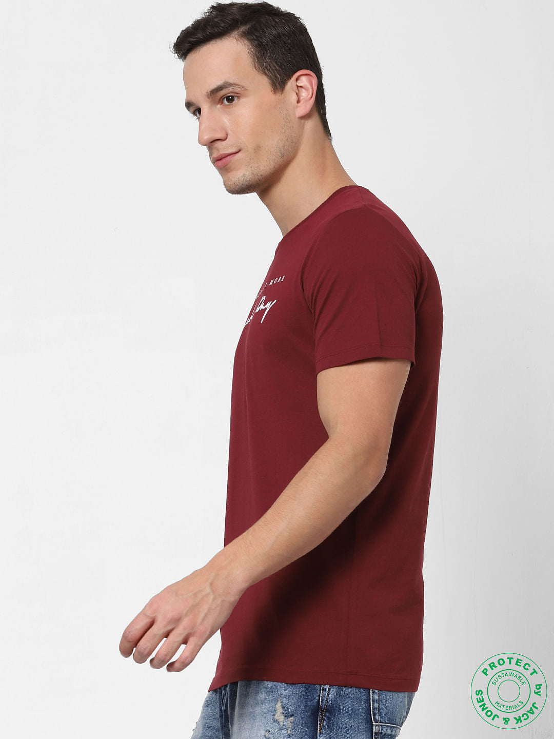 Maroon Slogan Print Crew Neck T-shirt