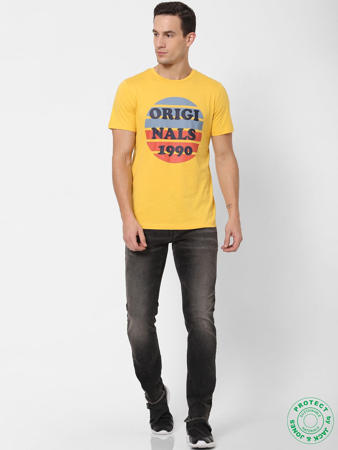 Yellow Logo Print Crew Neck T-shirt