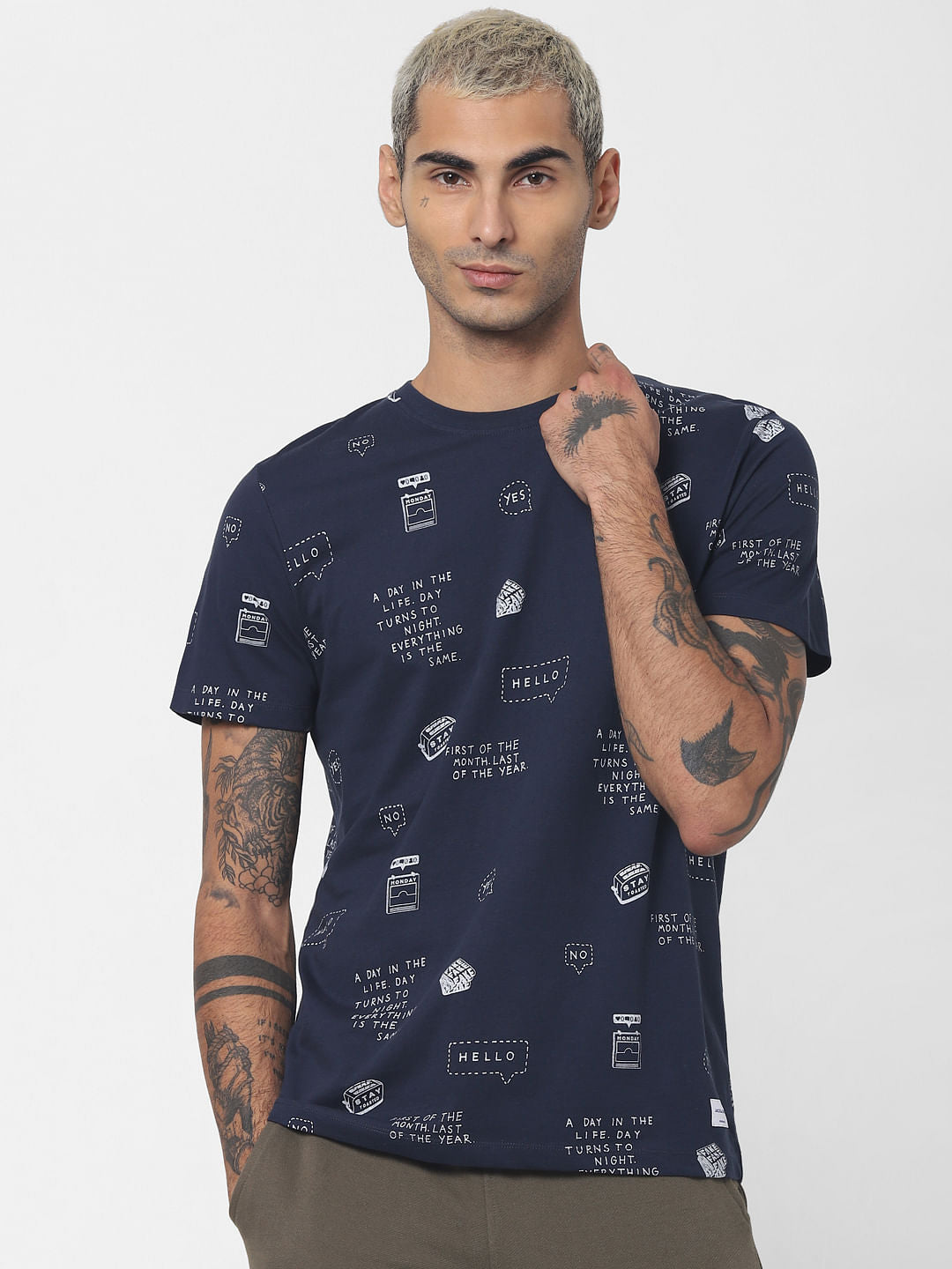 Navy Blue Printed Crew Neck T-shirt