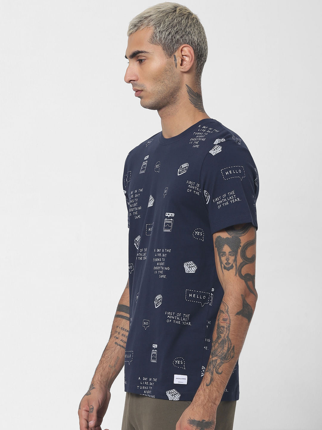 Navy Blue Printed Crew Neck T-shirt