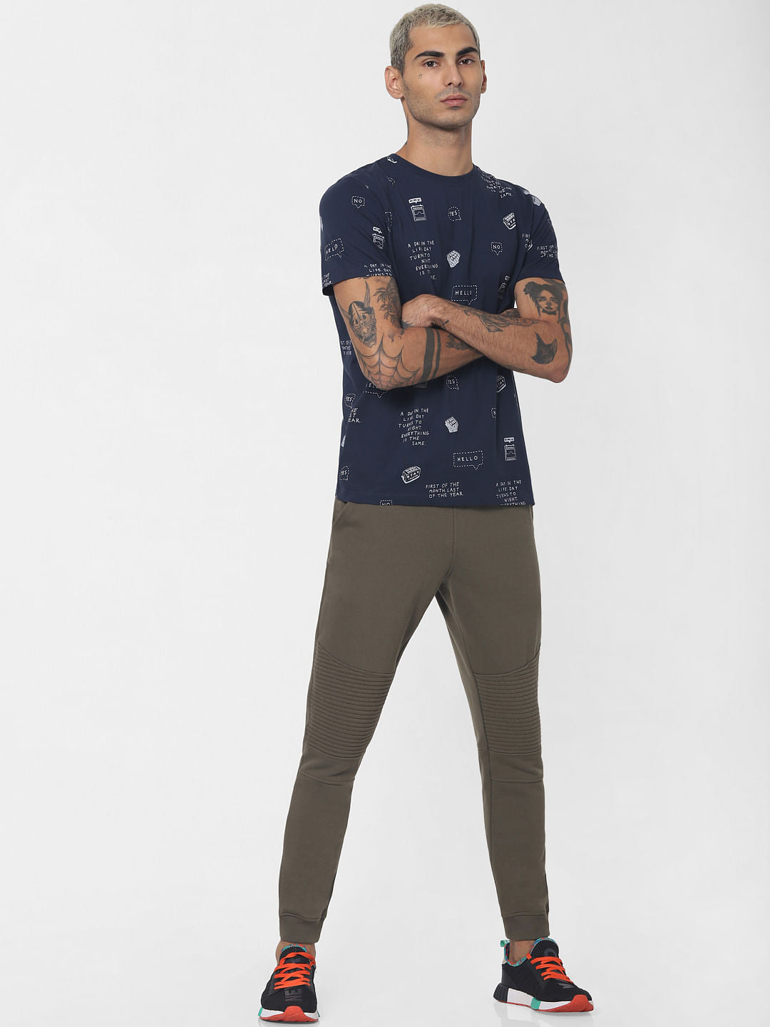 Navy Blue Printed Crew Neck T-shirt