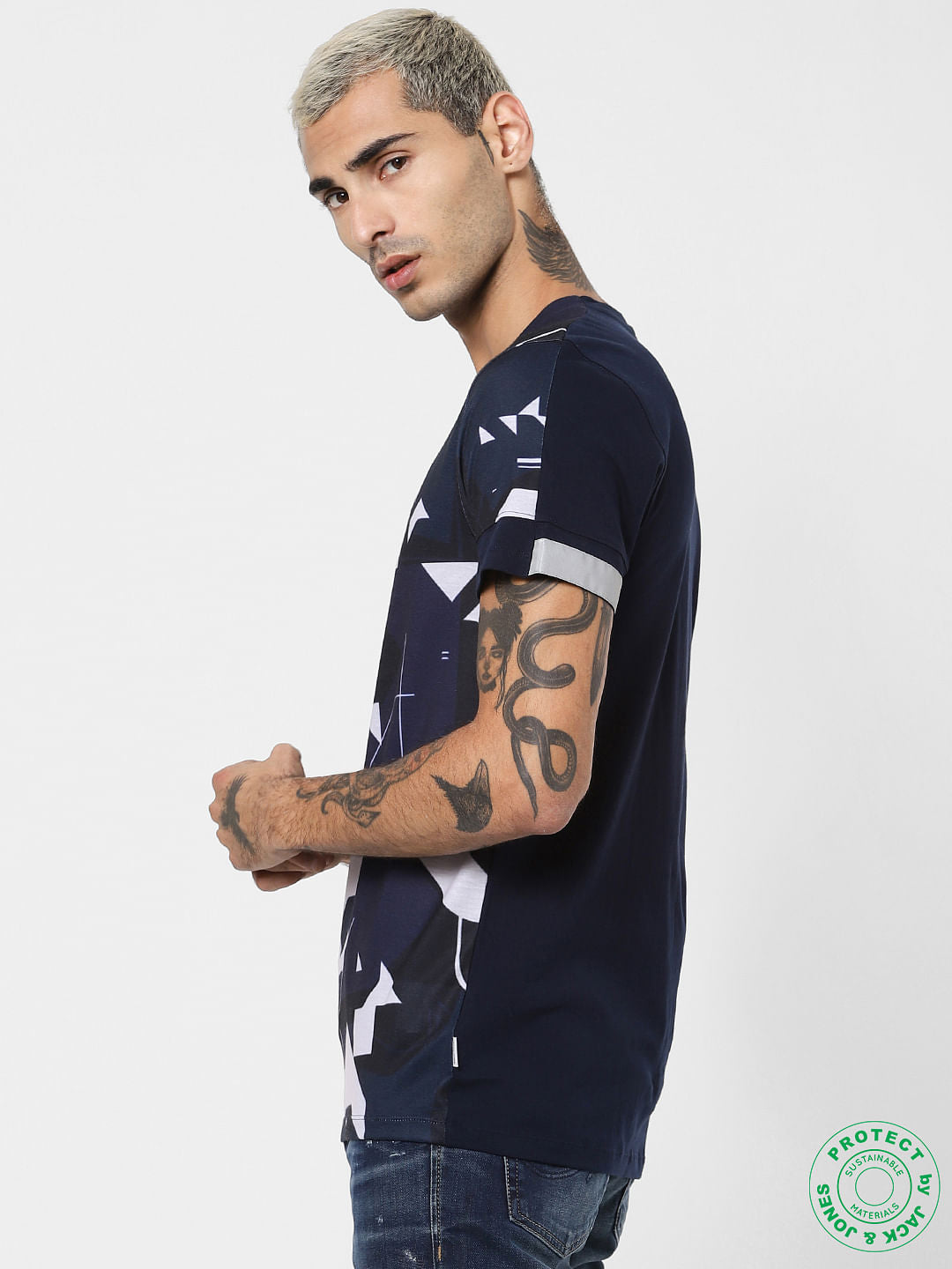 Navy Blue Geometric Print Crew Neck T-shirt