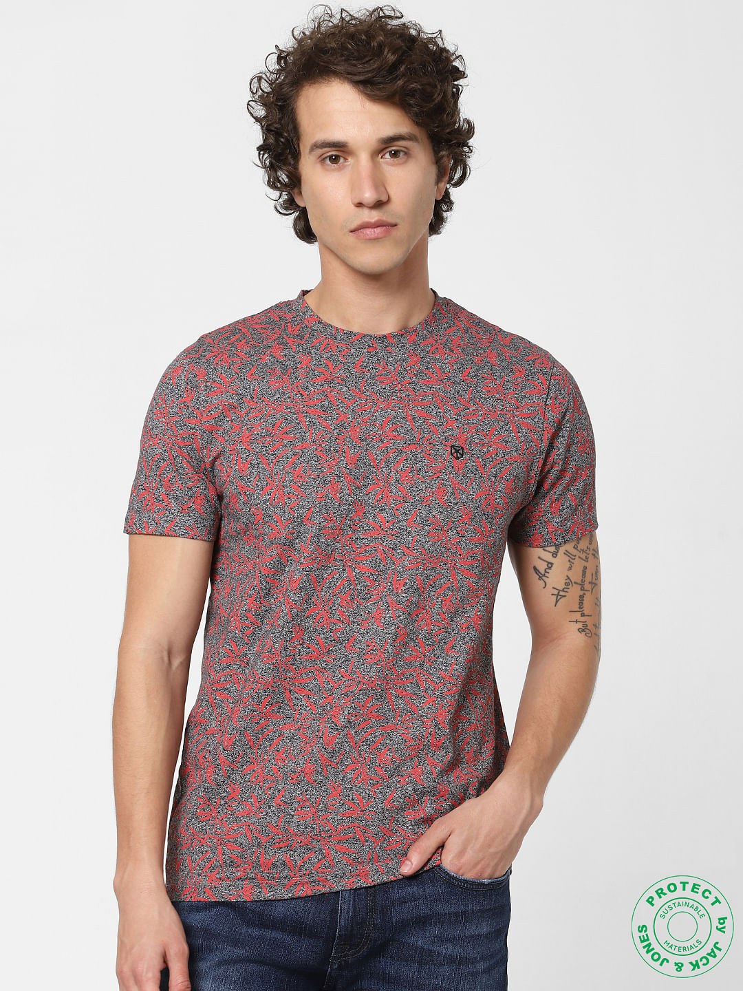 Grey All Over Print Crew Neck T-shirt