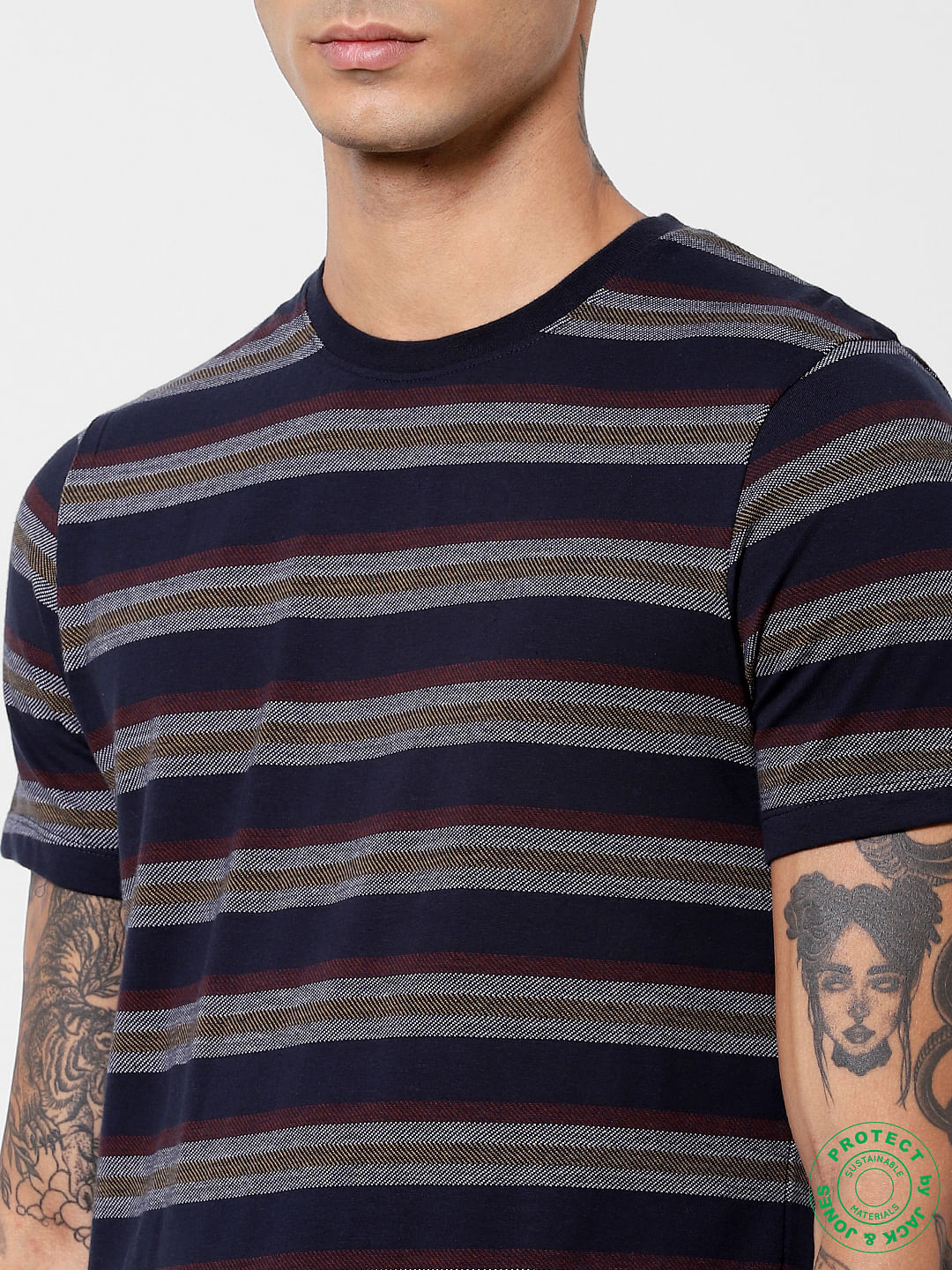 Navy Blue Striped Jacquard T-shirt