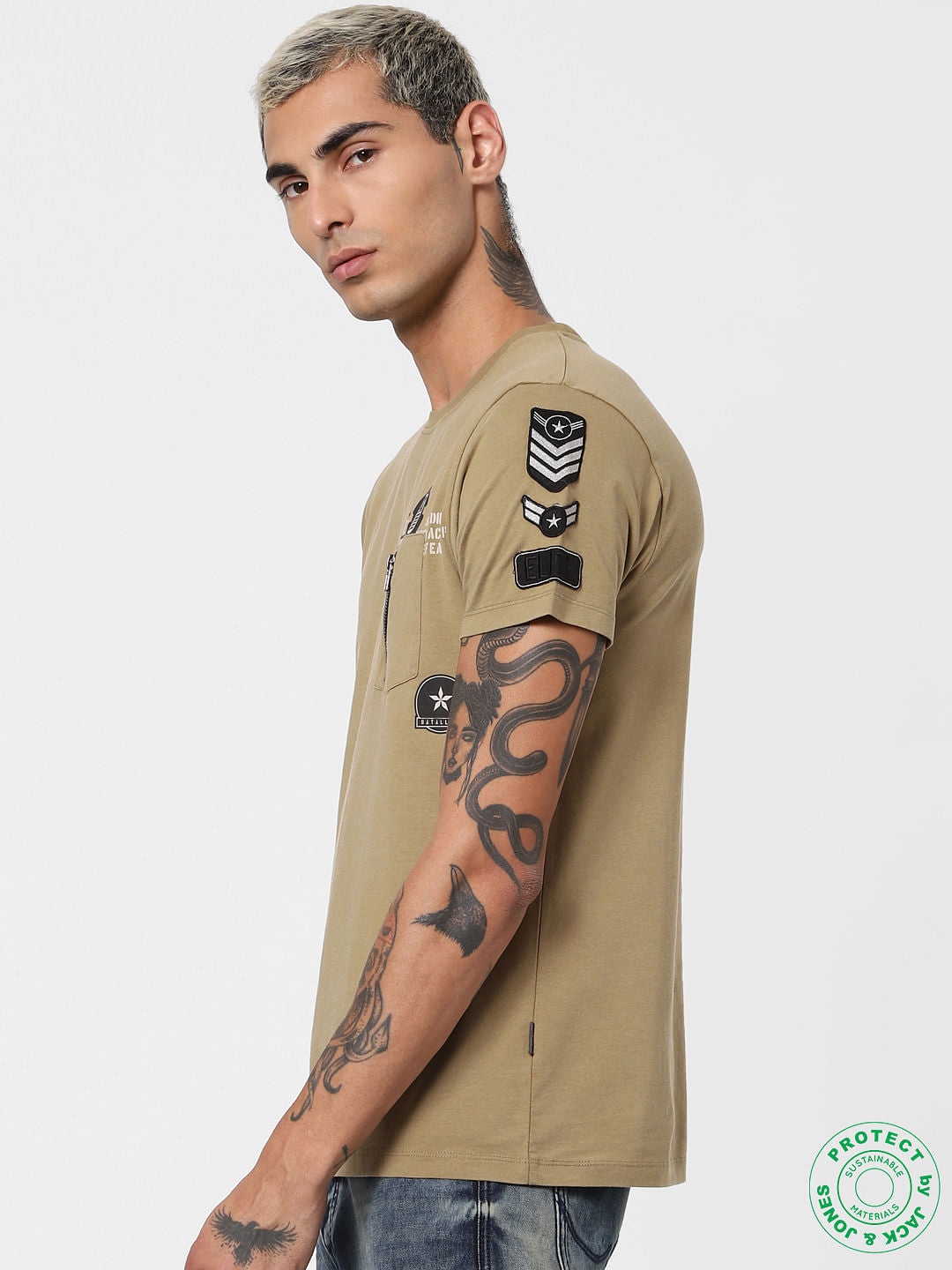Brown Printed Washed Crew Neck T-shirt