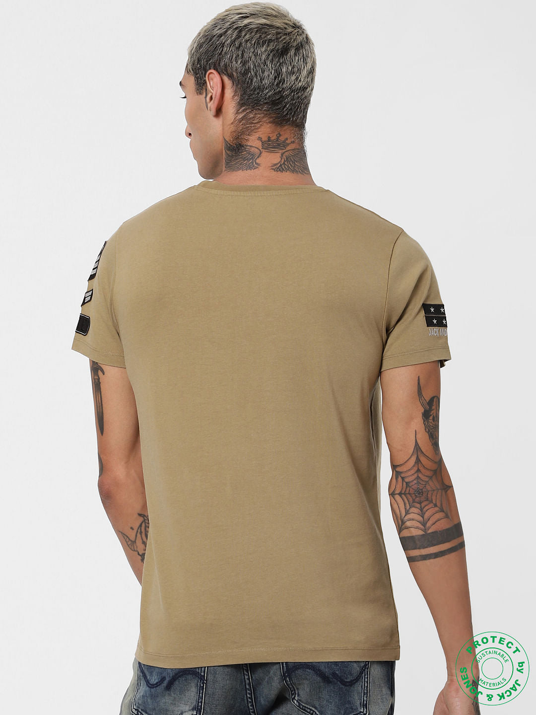 Brown Printed Washed Crew Neck T-shirt