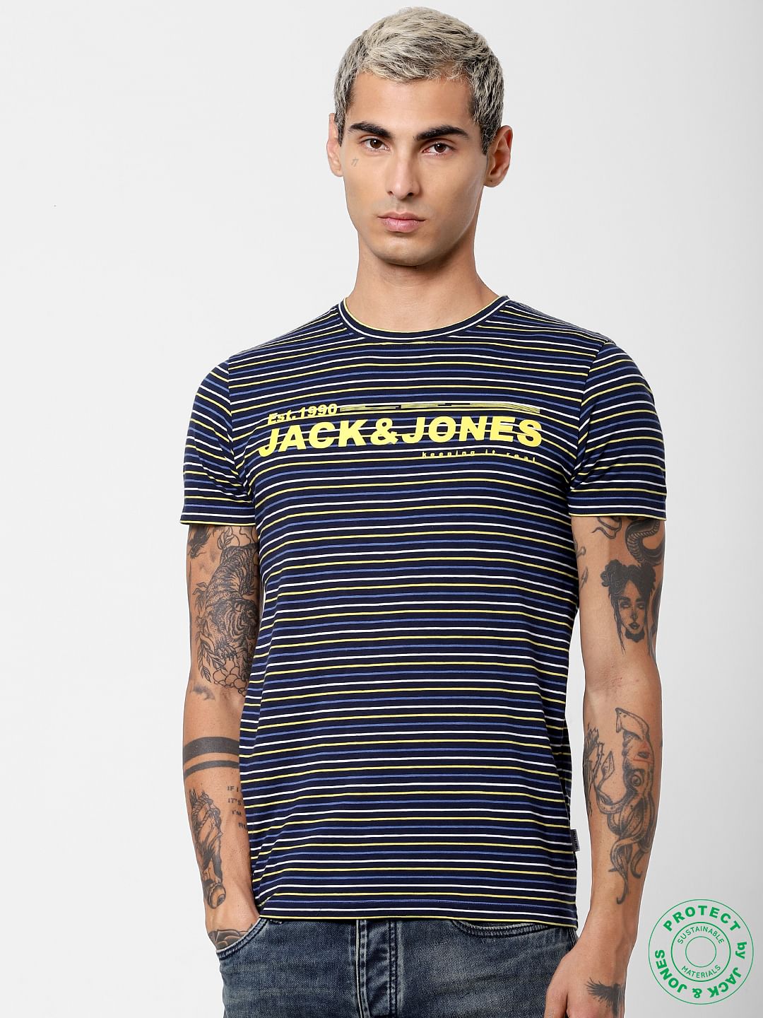 Navy Blue Striped Crew Neck T-shirt