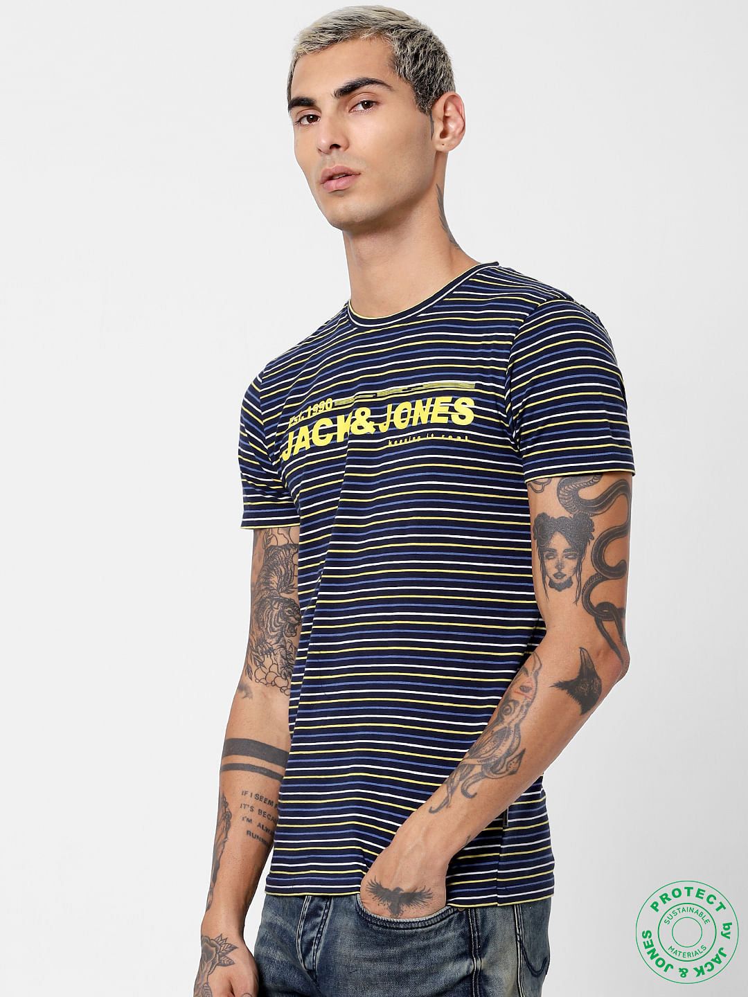 Navy Blue Striped Crew Neck T-shirt