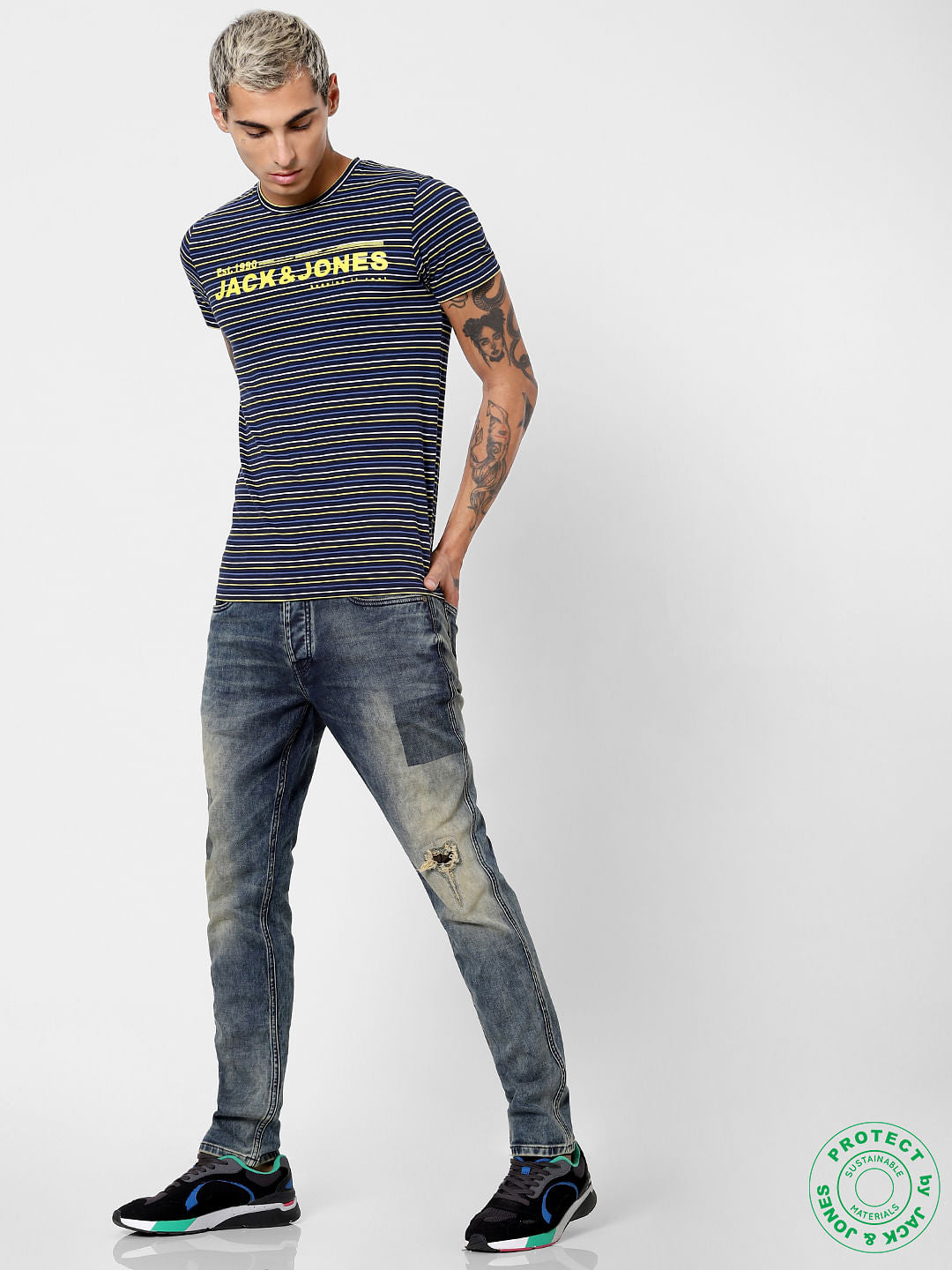 Navy Blue Striped Crew Neck T-shirt