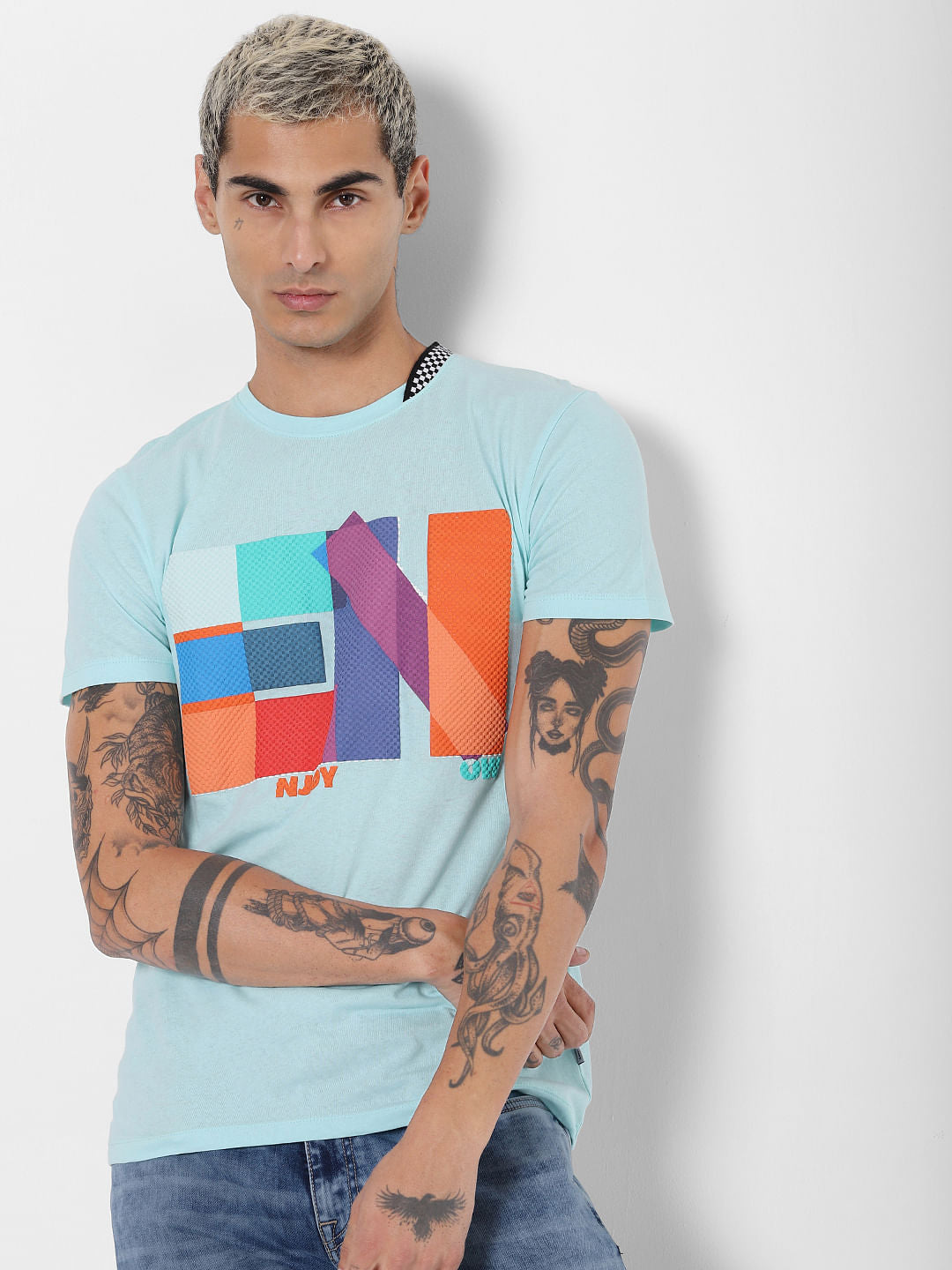 Blue Textured Print Crew Neck T-shirt