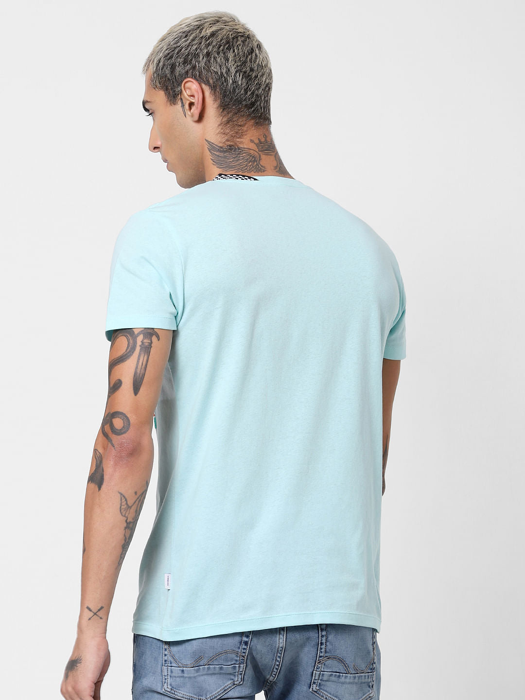 Blue Textured Print Crew Neck T-shirt