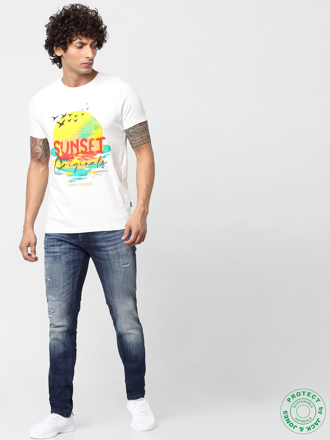 White Sunset Graphic Print Crew Neck T-shirt