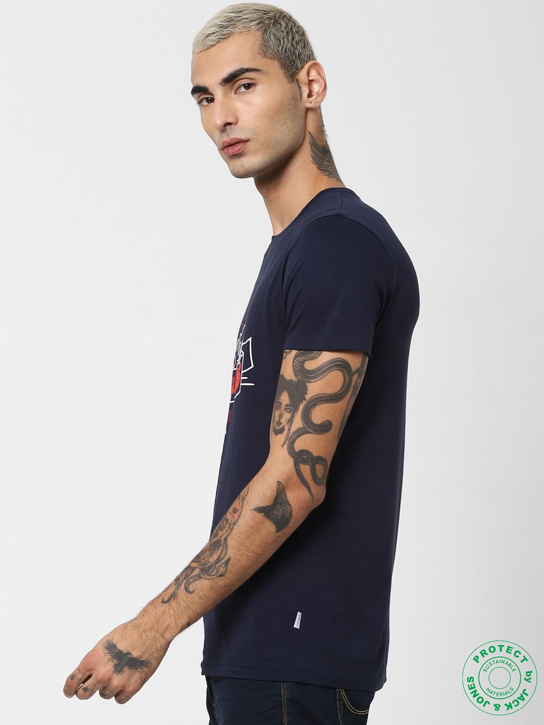 Navy Blue Logo Print Crew Neck T-shirt