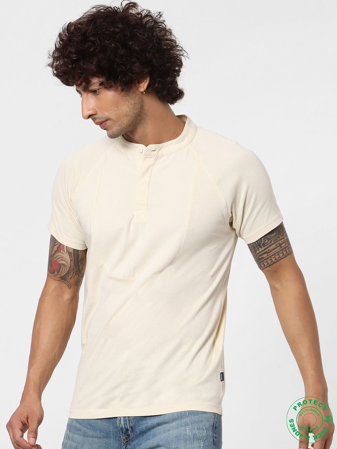 White Short Sleeves Henley Neck T-shirt