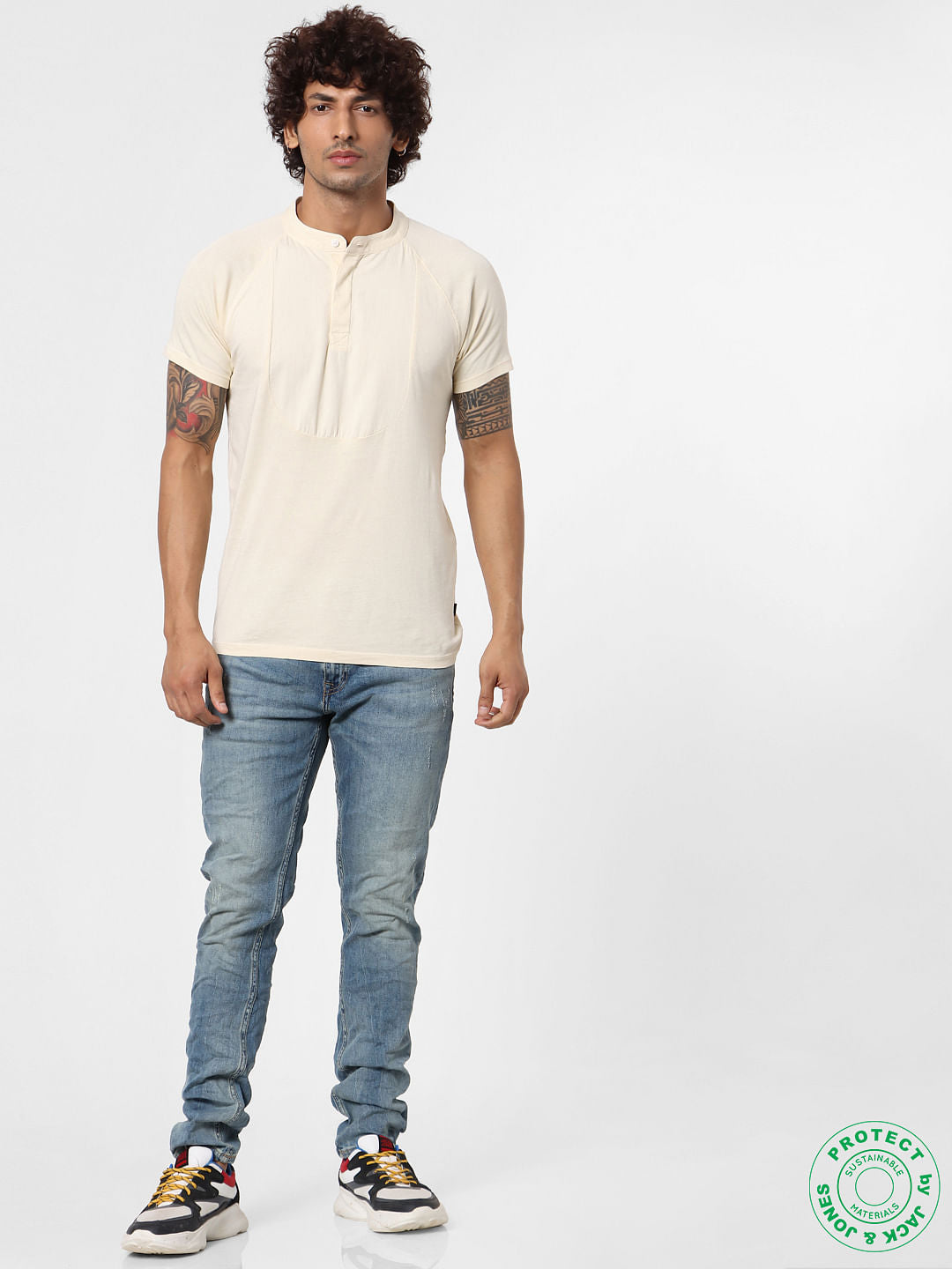 White Short Sleeves Henley Neck T-shirt
