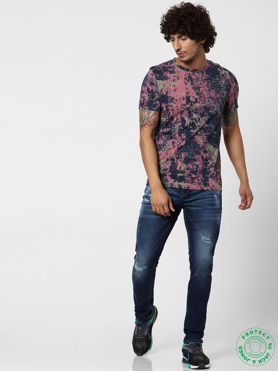Blue Abstract Print Crew Neck T-shirt