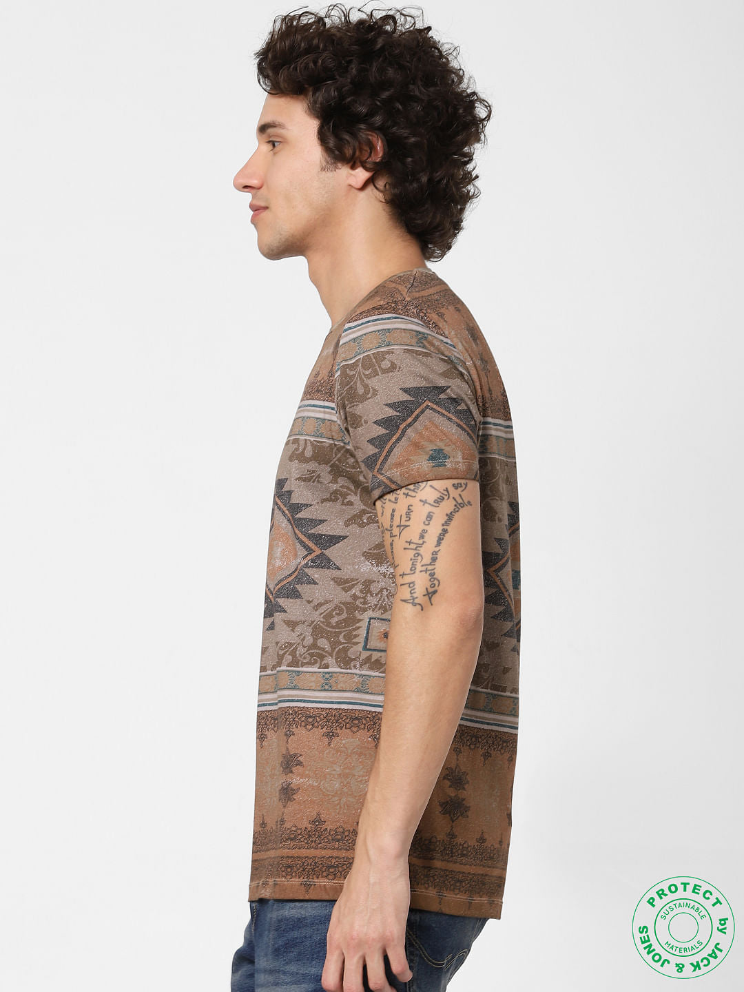 Brown Abstract Print Crew Neck T-shirt