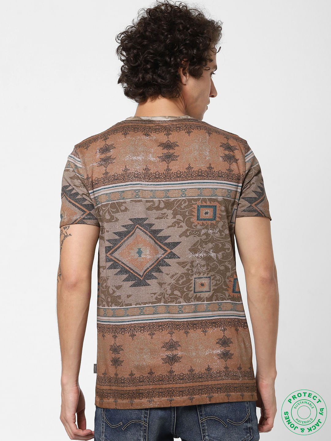 Brown Abstract Print Crew Neck T-shirt